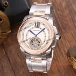 Copy Cartier Mens Tourbillon Watch - Two Tone Rose Gold with White Dial 